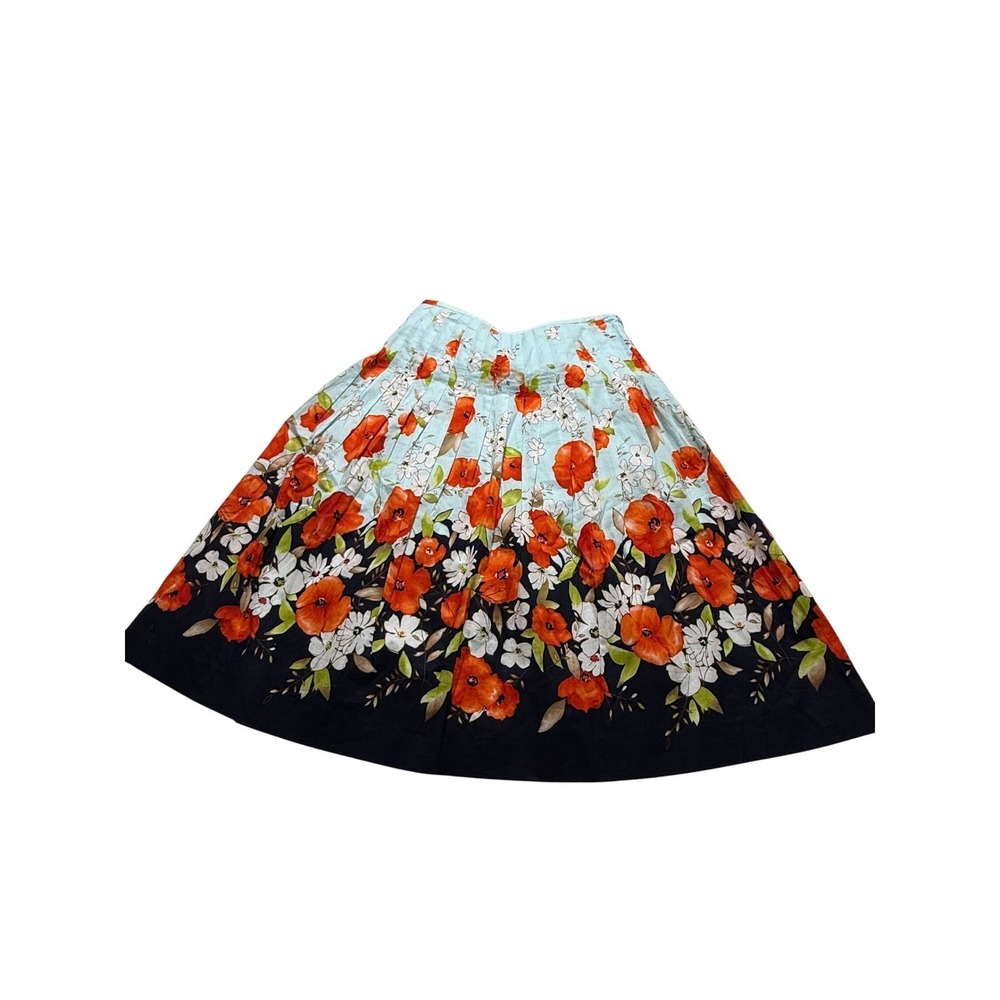 Talbots Floral Pleated A-Line Skirt Wms SZ 10 Blue Orange Cotton Border Print